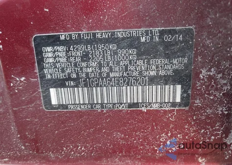 2014 Subaru Impreza 2.0I z USA, uszkodzony, nr VIN JF1GPAA64E8276201